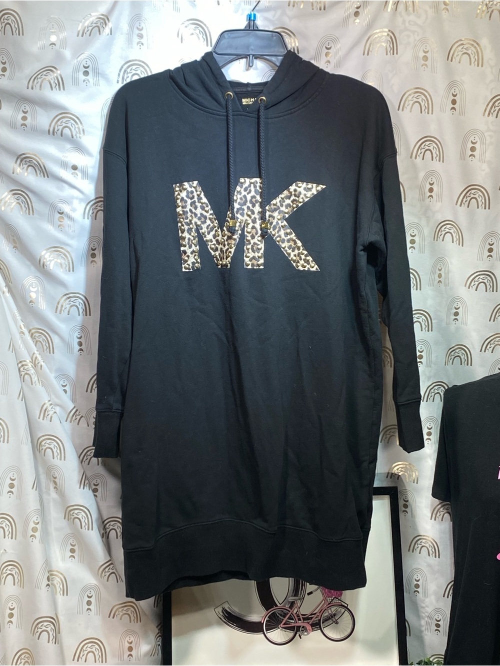 Michael Kors Black Hoodie Sweater Dress with Leopard MK Emblem